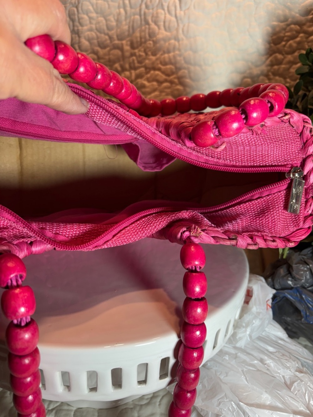 Sun and Sand Woven Pink Straw Satchel Bag - Picture 6 of 8